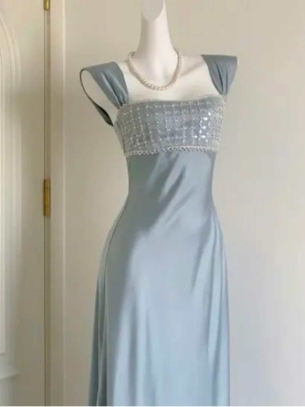Beaded Bodice Light Blue Prom Dress